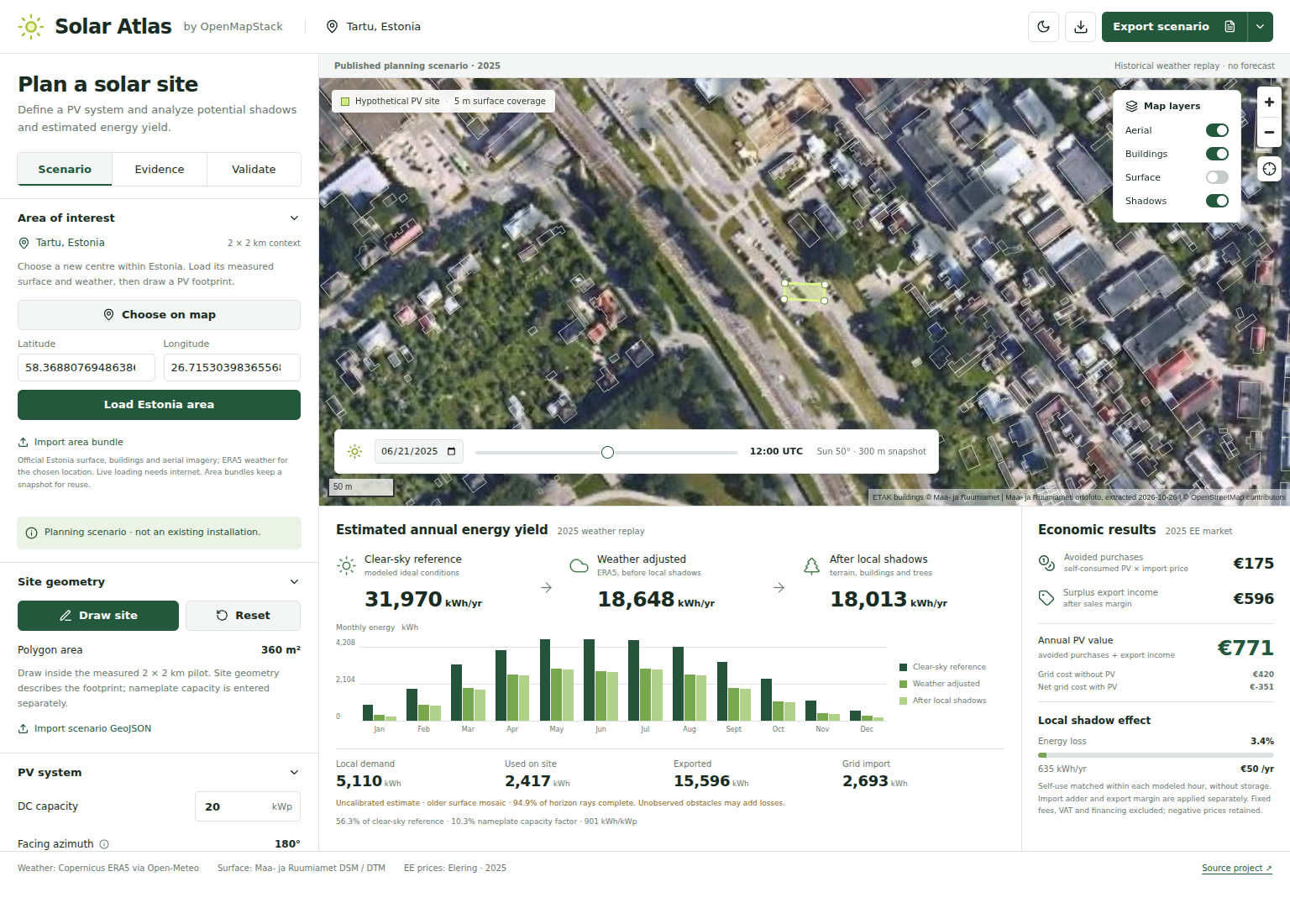 Solar Atlas with an Estonian PV area, site geometry, energy production and household scenario value estimates.