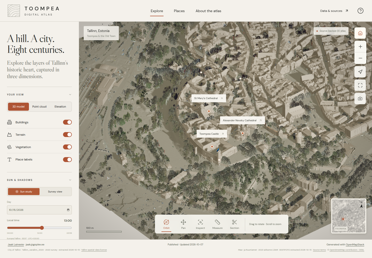 Toompea Digital Atlas showing surveyed Tallinn architecture, LiDAR and exploration controls.