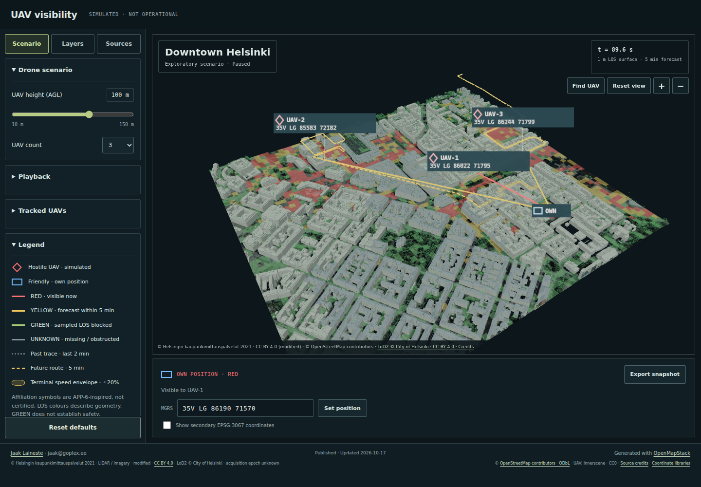 UAV visibility showing three simulated UAVs, coloured sightlines, tracks and visibility zones over Helsinki.