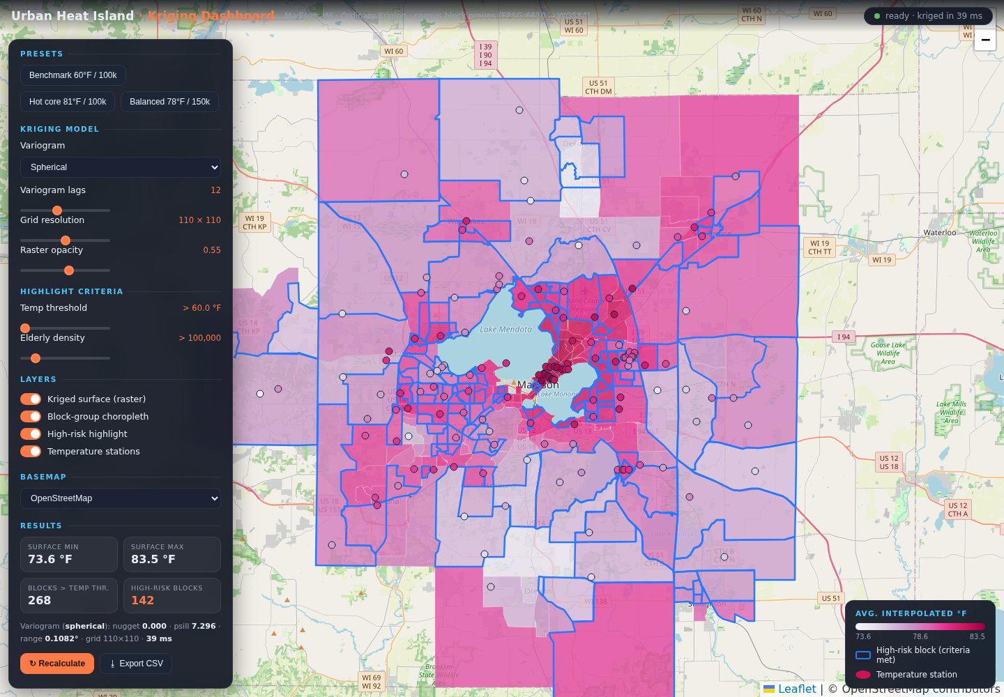 Urban Heat Island dashboard showing a kriged temperature surface, census block groups and interactive model controls.