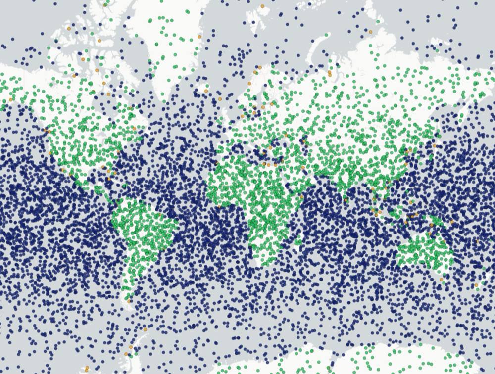 landcheck demo: points classified as land, coast and sea on a world map